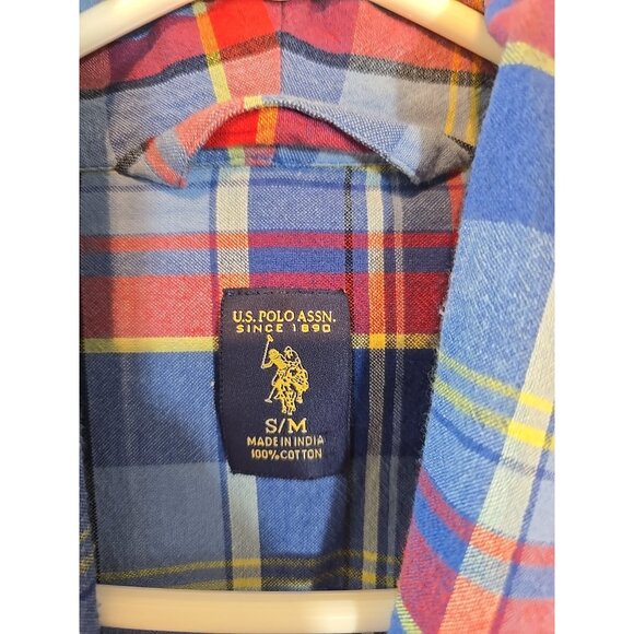 US Polo Assn Logo Robe Men Multicolor Plaid Red Blue 100% Cotton Pocket Size S/M - Picture 4 of 16